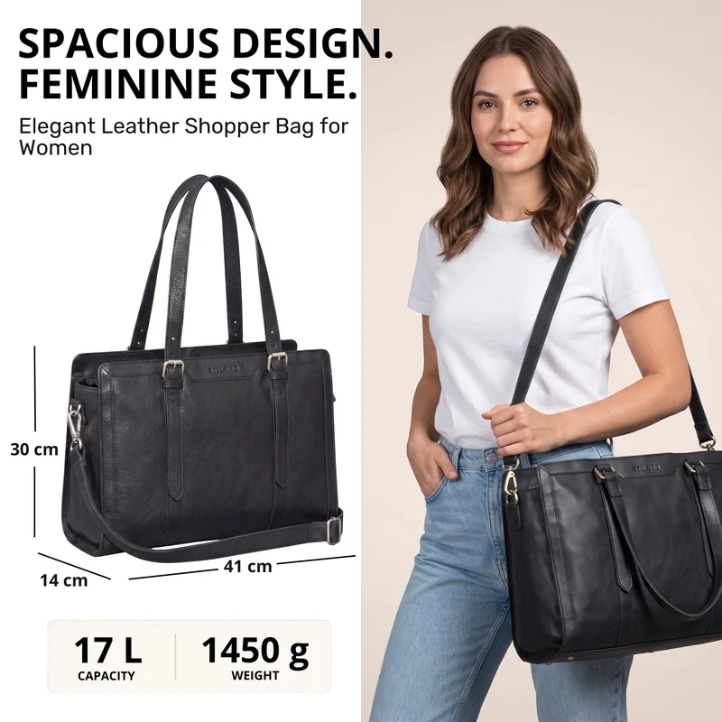 "Evelina" Elegante Leder Shopper Damen Groß 15,6 Zoll - 16 Zoll Laptop