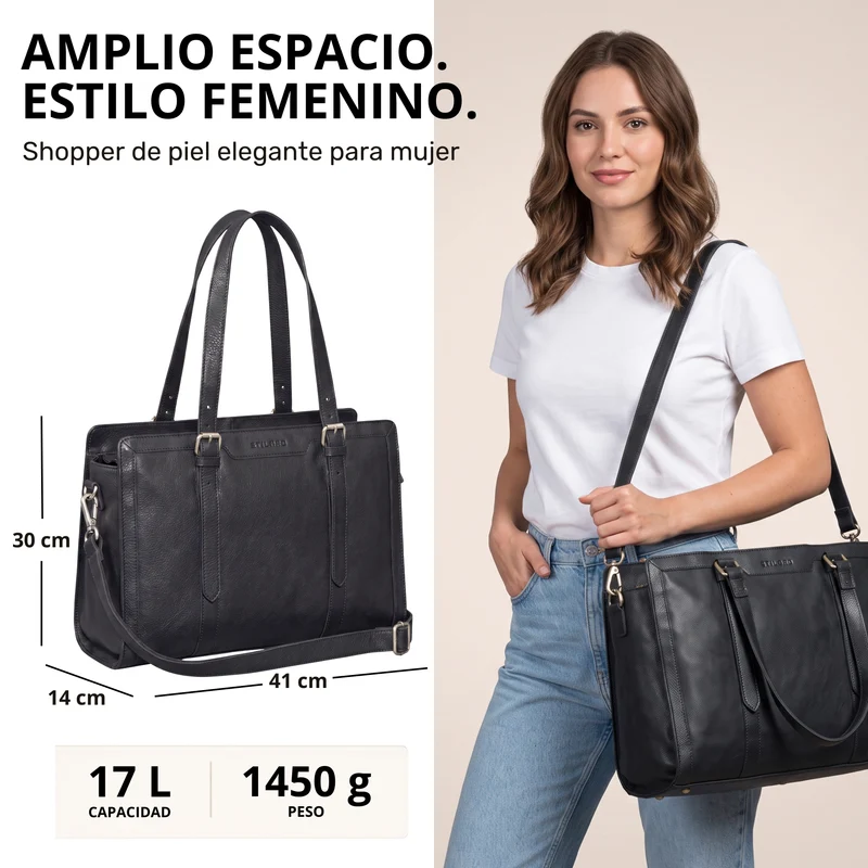 "Evelina" Elegante Leder Shopper Damen Groß 15,6 Zoll - 16 Zoll Laptop