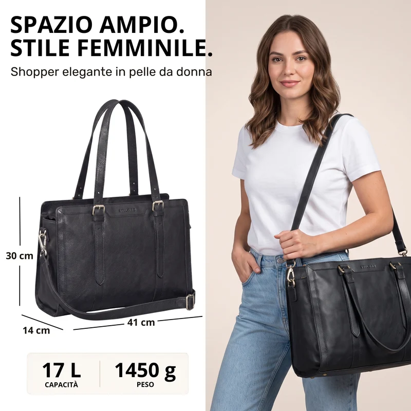 "Evelina" Elegante Leder Shopper Damen Groß 15,6 Zoll - 16 Zoll Laptop