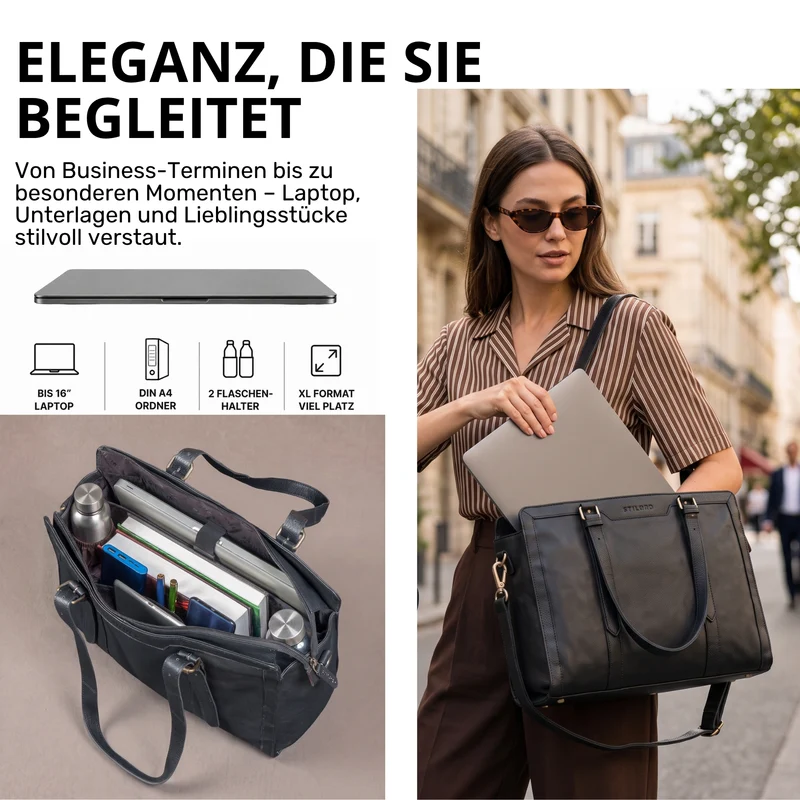 "Evelina" Elegante Leder Shopper Damen Groß 15,6 Zoll - 16 Zoll Laptop