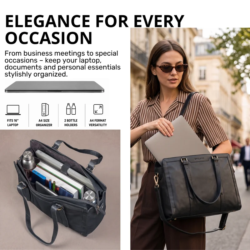 "Evelina" Elegante Leder Shopper Damen Groß 15,6 Zoll - 16 Zoll Laptop