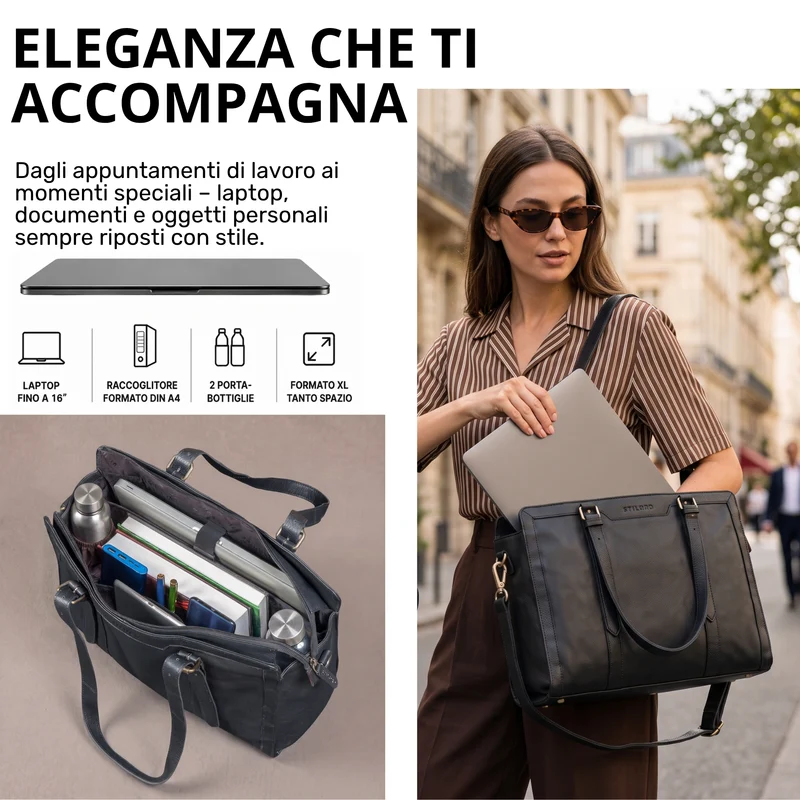 "Evelina" Elegante Leder Shopper Damen Groß 15,6 Zoll - 16 Zoll Laptop