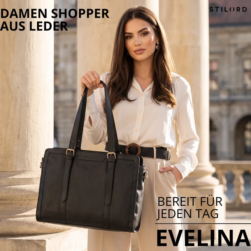 "Evelina" Elegante Leder Shopper Damen Groß 15,6 Zoll - 16 Zoll Laptop
