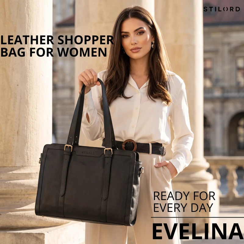 "Evelina" Elegante Leder Shopper Damen Groß 15,6 Zoll - 16 Zoll Laptop