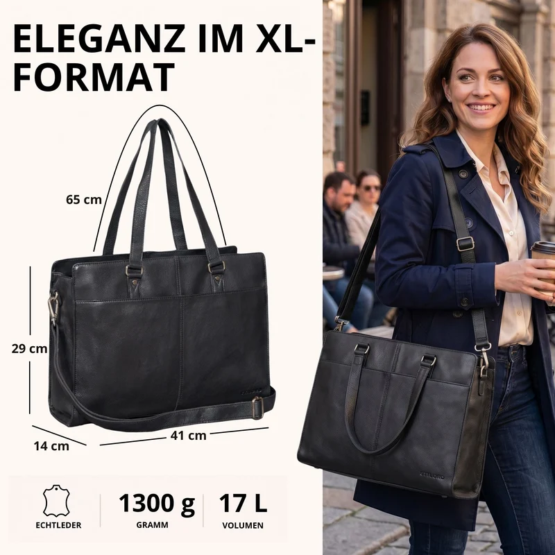 "Andrea" Shopper Tasche Damen Leder groß mit Laptopfach 15,6-16 Zoll