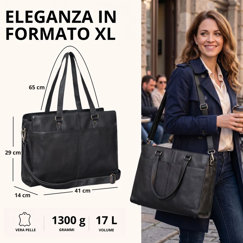 "Andrea" Shopper Tasche Damen Leder groß mit Laptopfach 15,6-16 Zoll