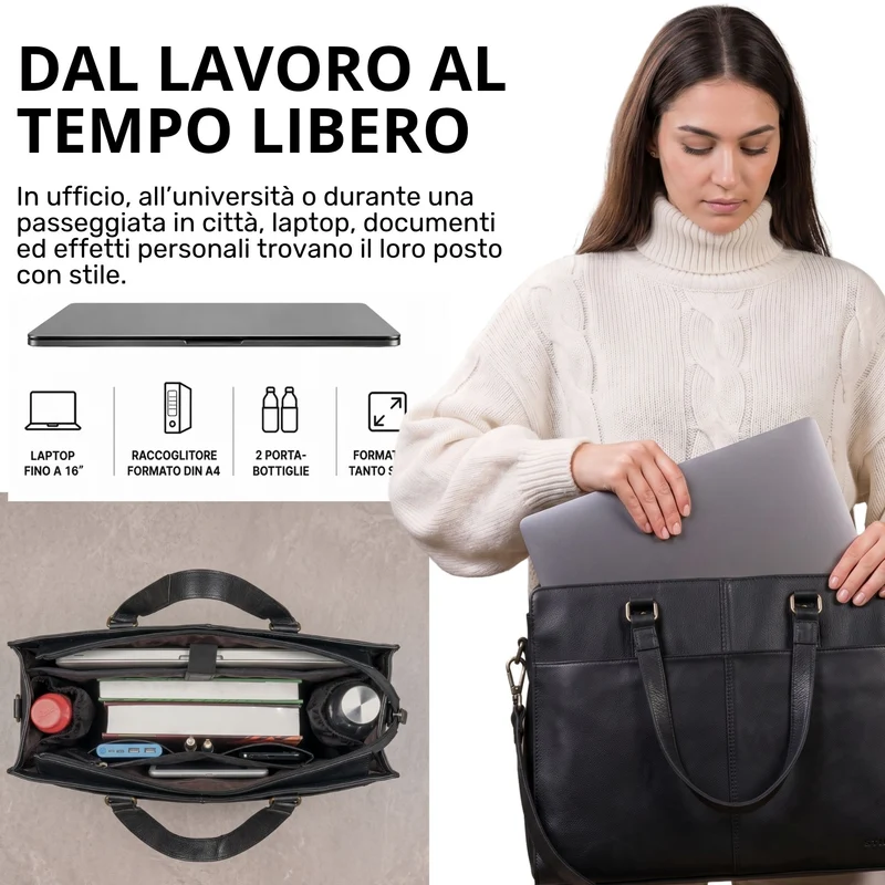 "Andrea" Shopper Tasche Damen Leder groß mit Laptopfach 15,6-16 Zoll