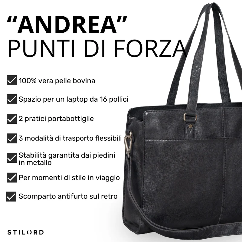 "Andrea" Shopper Tasche Damen Leder groß mit Laptopfach 15,6-16 Zoll