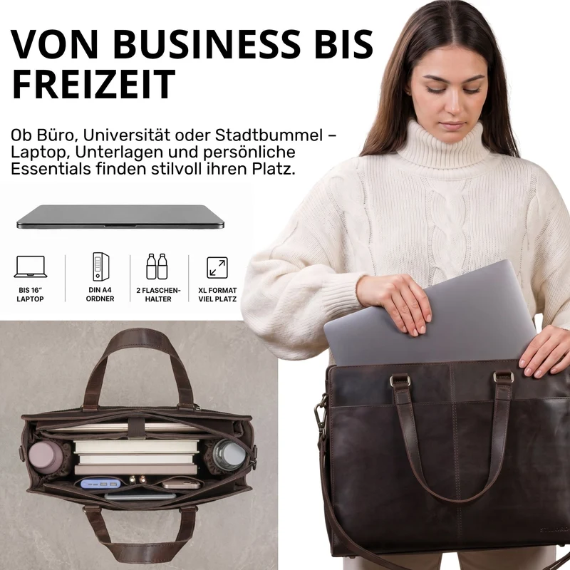 "Andrea" Shopper Tasche Damen Leder groß mit Laptopfach 15,6-16 Zoll