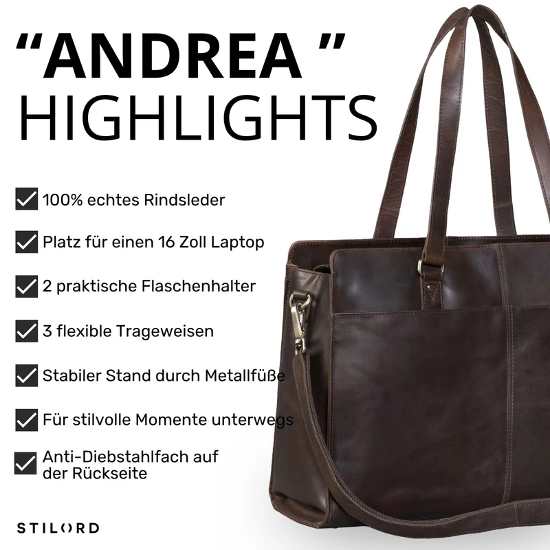 "Andrea" Shopper Tasche Damen Leder groß mit Laptopfach 15,6-16 Zoll