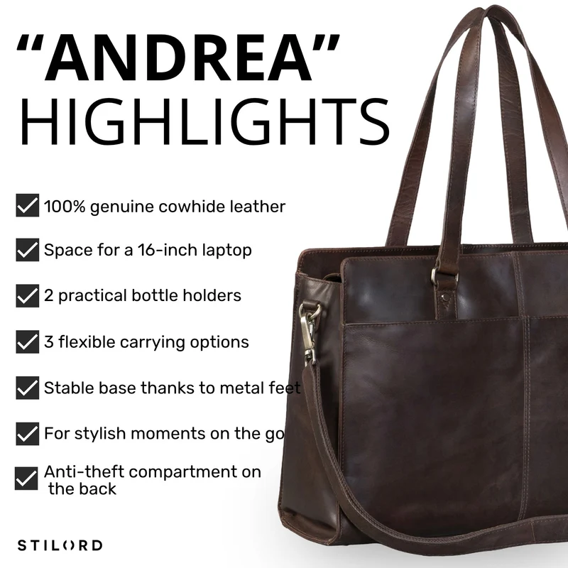 "Andrea" Shopper Tasche Damen Leder groß mit Laptopfach 15,6-16 Zoll