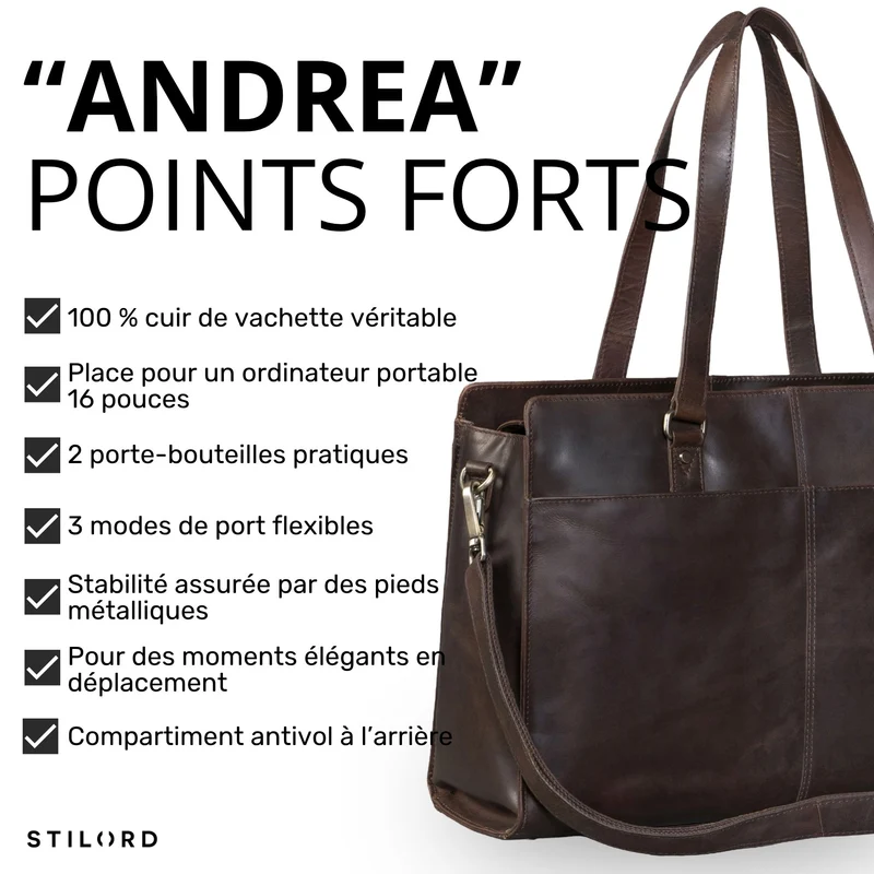 "Andrea" Shopper Tasche Damen Leder groß mit Laptopfach 15,6-16 Zoll