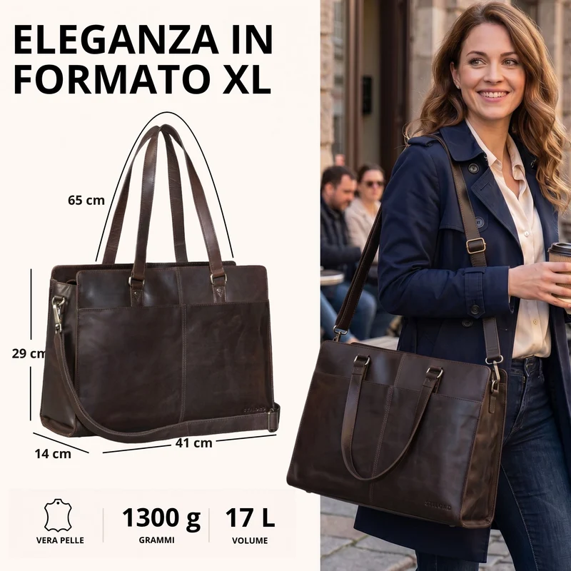"Andrea" Shopper Tasche Damen Leder groß mit Laptopfach 15,6-16 Zoll