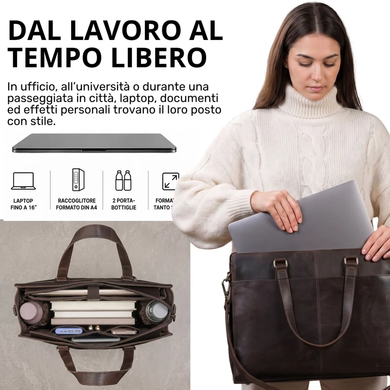 "Andrea" Shopper Tasche Damen Leder groß mit Laptopfach 15,6-16 Zoll