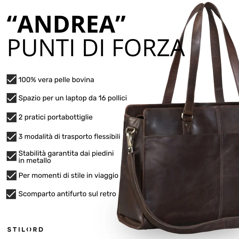 "Andrea" Shopper Tasche Damen Leder groß mit Laptopfach 15,6-16 Zoll