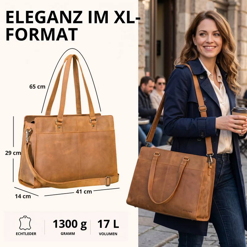 "Andrea" Shopper Tasche Damen Leder groß mit Laptopfach 15,6-16 Zoll