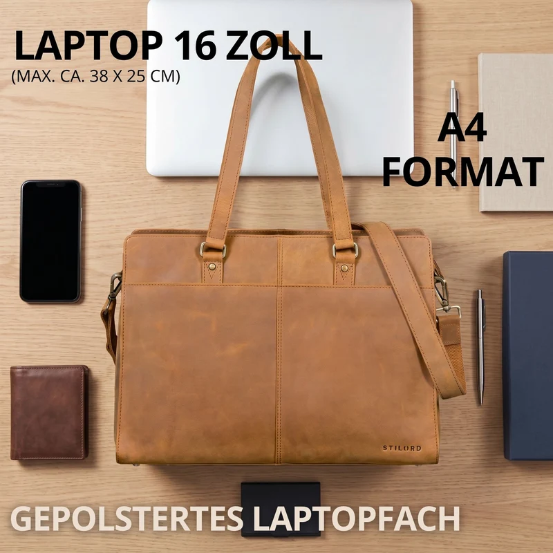 "Andrea" Shopper Tasche Damen Leder groß mit Laptopfach 15,6-16 Zoll