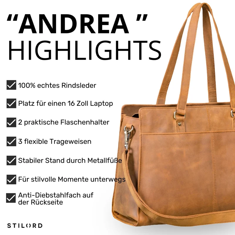 "Andrea" Shopper Tasche Damen Leder groß mit Laptopfach 15,6-16 Zoll