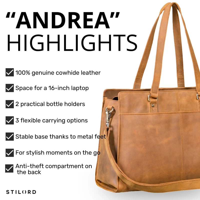 "Andrea" Shopper Tasche Damen Leder groß mit Laptopfach 15,6-16 Zoll