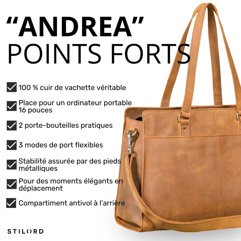 "Andrea" Shopper Tasche Damen Leder groß mit Laptopfach 15,6-16 Zoll