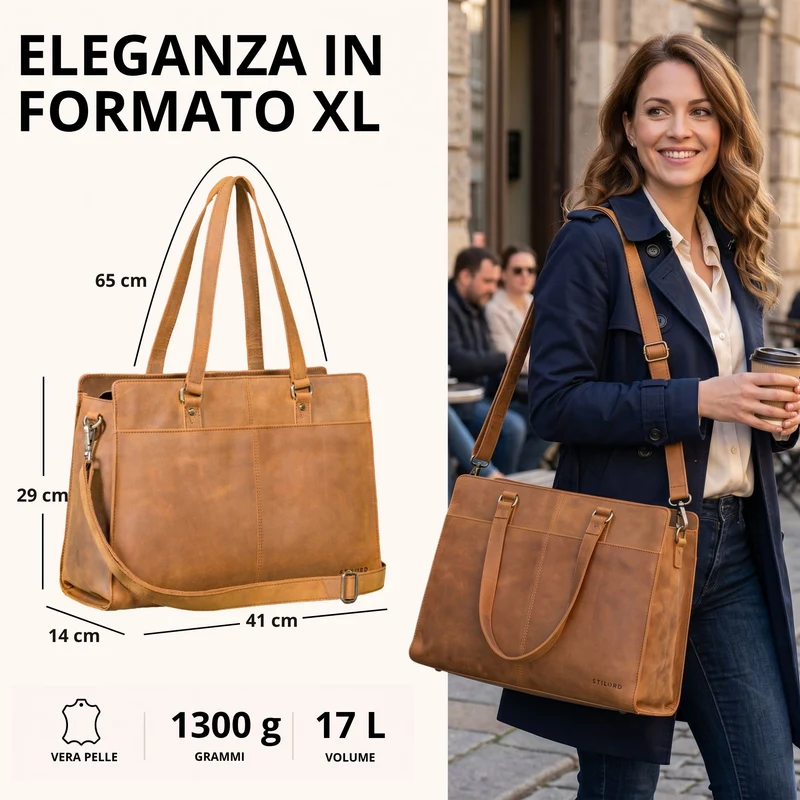 "Andrea" Shopper Tasche Damen Leder groß mit Laptopfach 15,6-16 Zoll