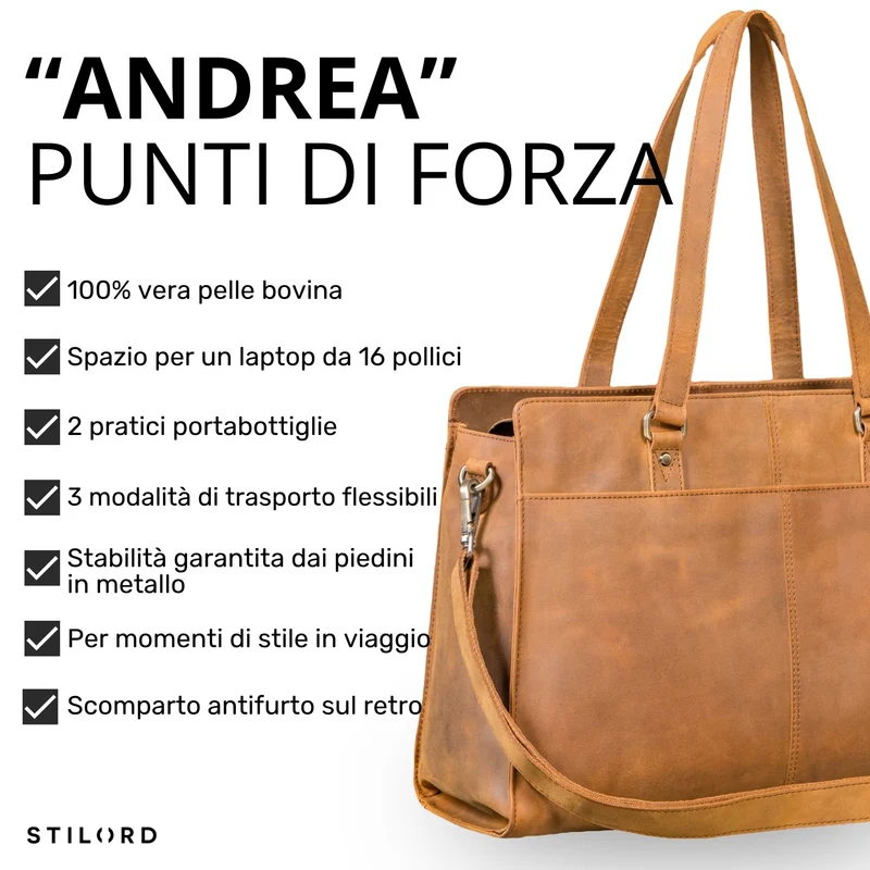 "Andrea" Shopper Tasche Damen Leder groß mit Laptopfach 15,6-16 Zoll