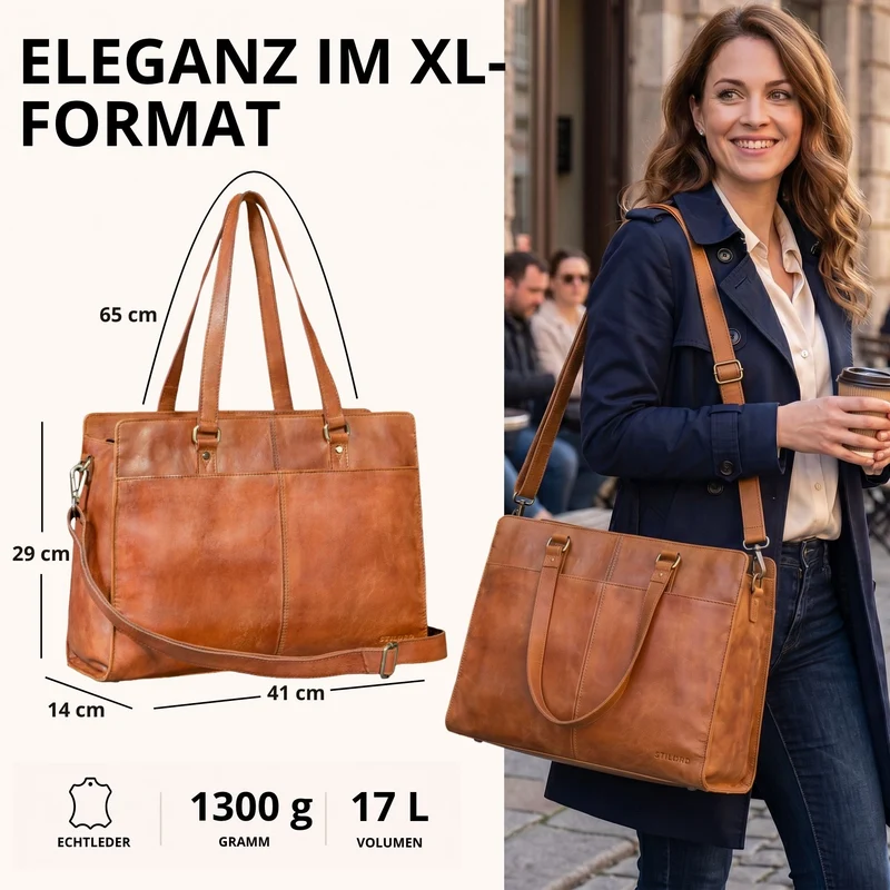 "Andrea" Shopper Tasche Damen Leder groß mit Laptopfach 15,6-16 Zoll
