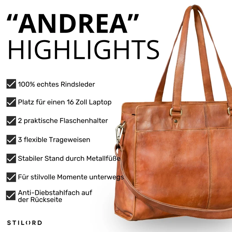 "Andrea" Shopper Tasche Damen Leder groß mit Laptopfach 15,6-16 Zoll
