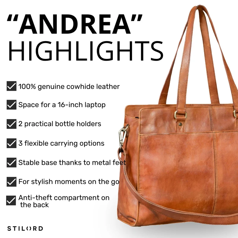 "Andrea" Shopper Tasche Damen Leder groß mit Laptopfach 15,6-16 Zoll