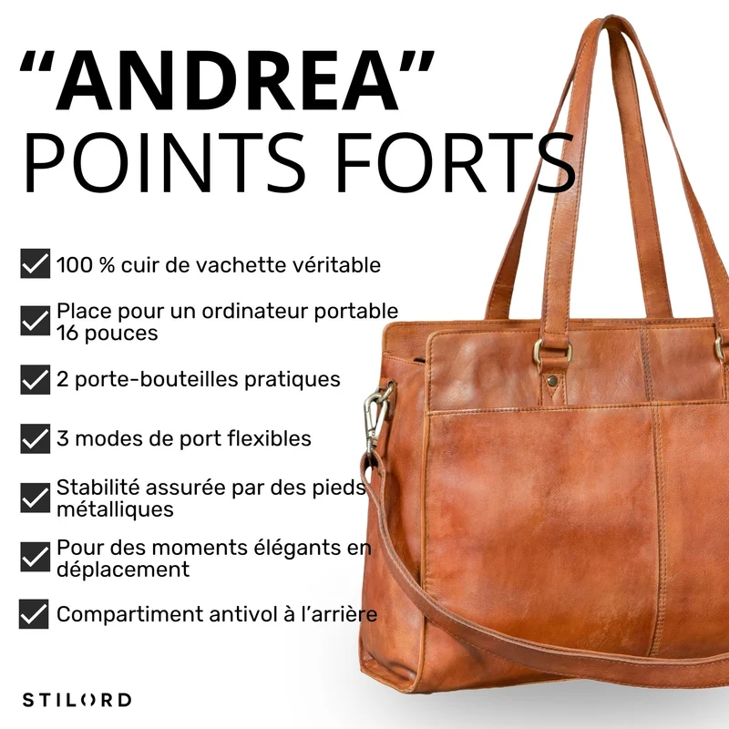 "Andrea" Shopper Tasche Damen Leder groß mit Laptopfach 15,6-16 Zoll