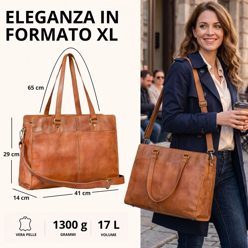 "Andrea" Shopper Tasche Damen Leder groß mit Laptopfach 15,6-16 Zoll