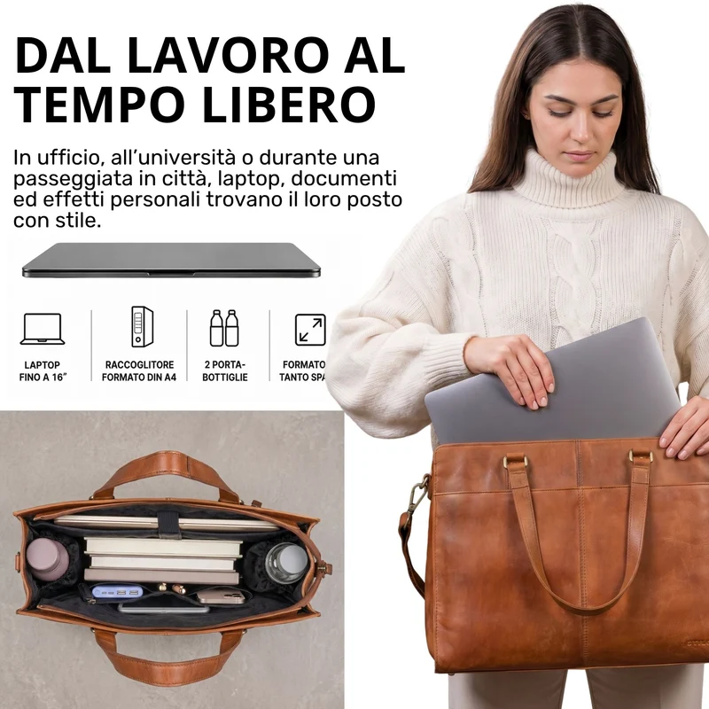 "Andrea" Shopper Tasche Damen Leder groß mit Laptopfach 15,6-16 Zoll