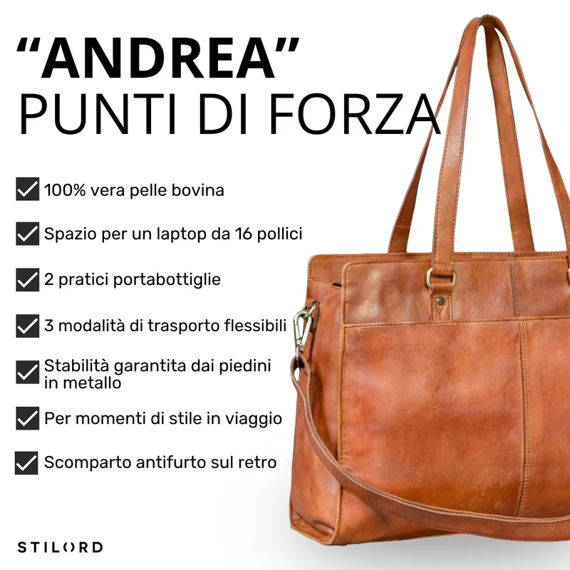 "Andrea" Shopper Tasche Damen Leder groß mit Laptopfach 15,6-16 Zoll