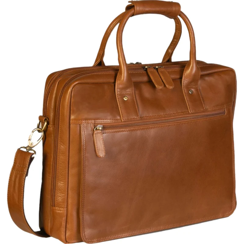 Dermata Aktentasche mit Laptopfach aus Vollrindleder 40 cm -cognac