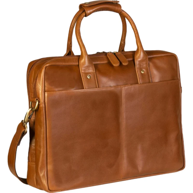 Dermata Aktentasche mit Laptopfach aus Vollrindleder 40 cm -cognac