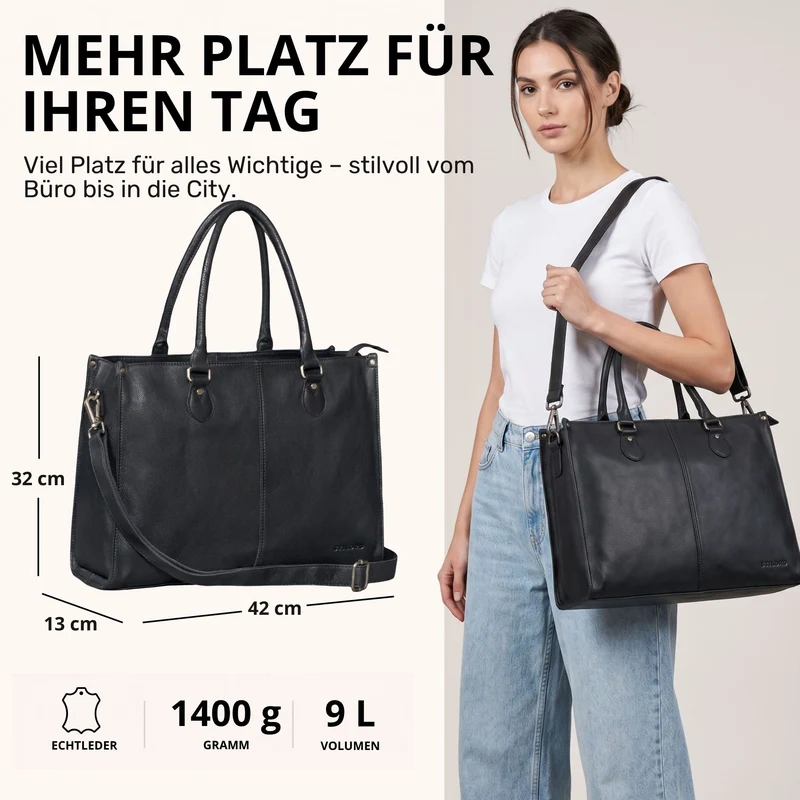 "Betina" Leder Shopper Tasche Damen Groß 15,6 - 16 Zoll Laptopfach