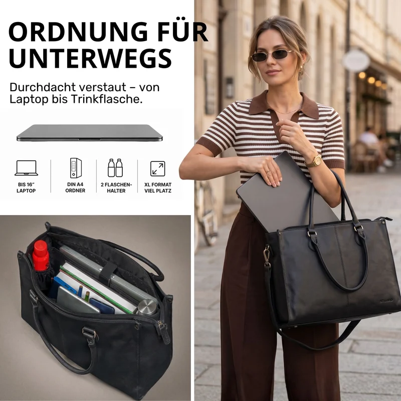 "Betina" Leder Shopper Tasche Damen Groß 15,6 - 16 Zoll Laptopfach