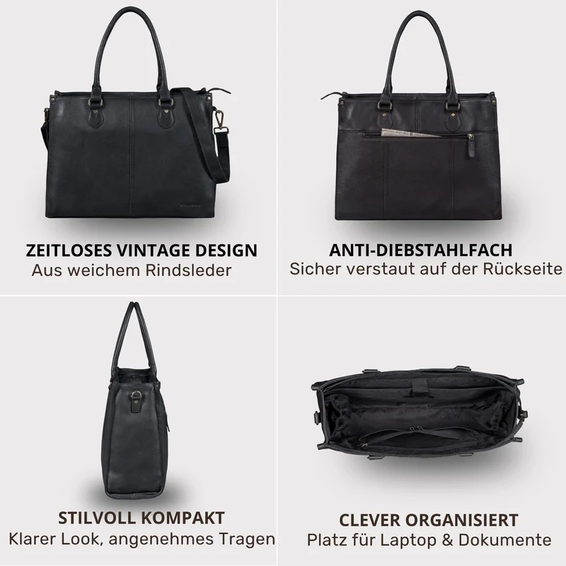 "Betina" Leder Shopper Tasche Damen Groß 15,6 - 16 Zoll Laptopfach