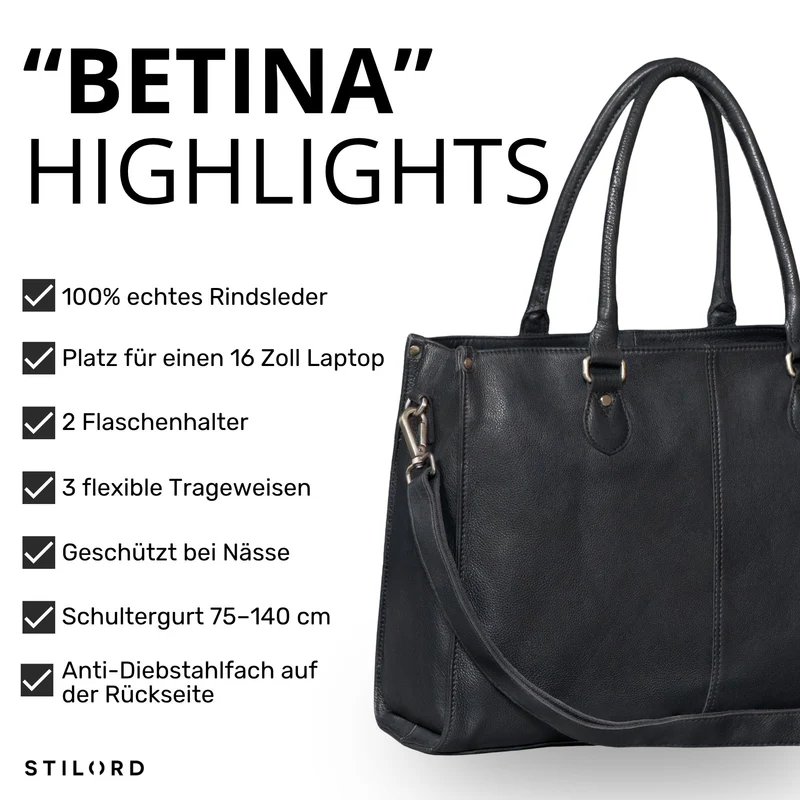 "Betina" Leder Shopper Tasche Damen Groß 15,6 - 16 Zoll Laptopfach