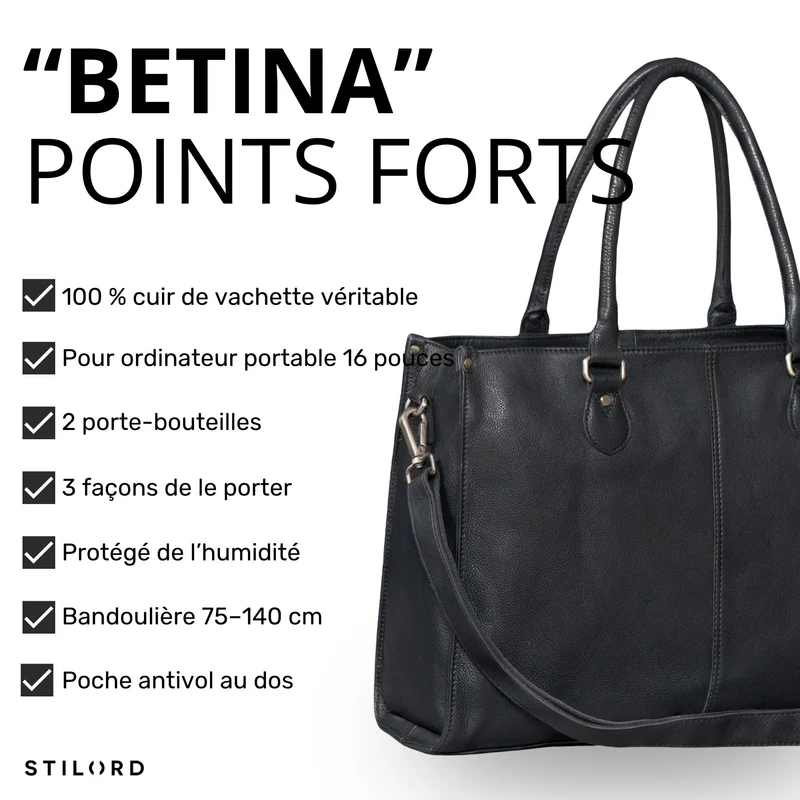 "Betina" Leder Shopper Tasche Damen Groß 15,6 - 16 Zoll Laptopfach