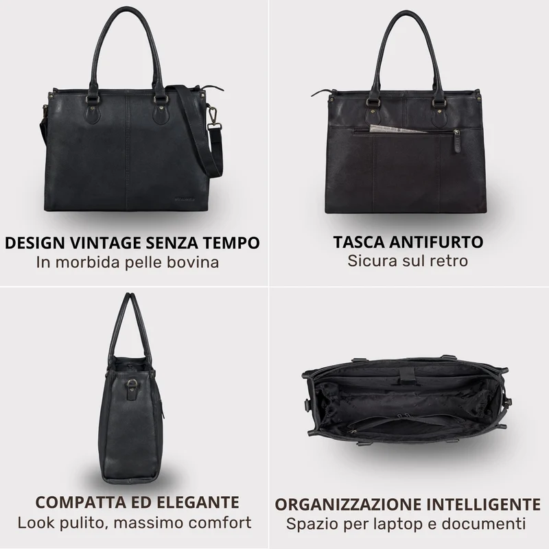 "Betina" Leder Shopper Tasche Damen Groß 15,6 - 16 Zoll Laptopfach