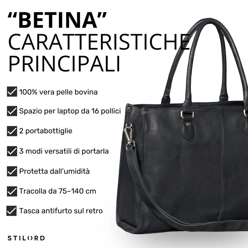 "Betina" Leder Shopper Tasche Damen Groß 15,6 - 16 Zoll Laptopfach