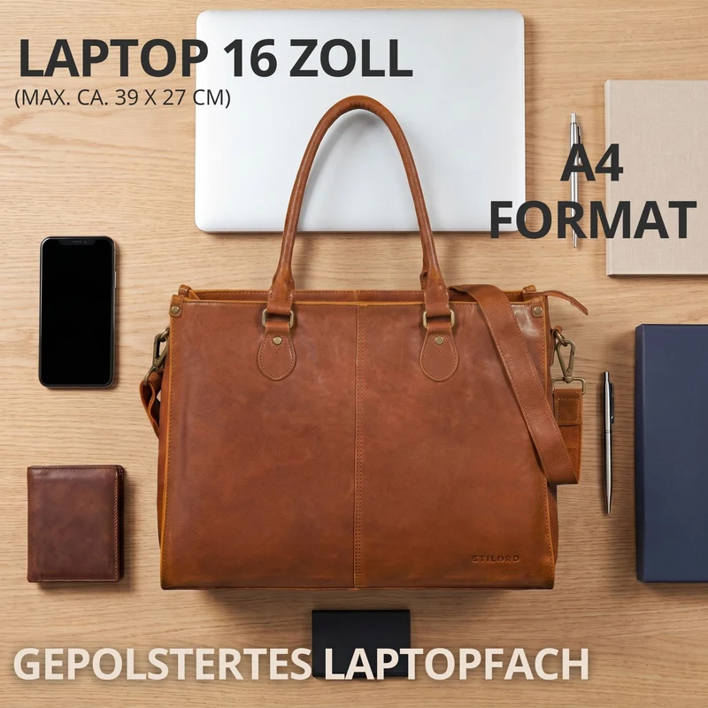 "Betina" Leder Shopper Tasche Damen Groß 15,6 - 16 Zoll Laptopfach