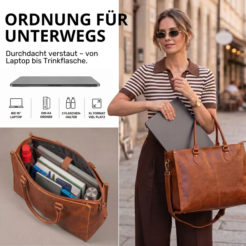 "Betina" Leder Shopper Tasche Damen Groß 15,6 - 16 Zoll Laptopfach