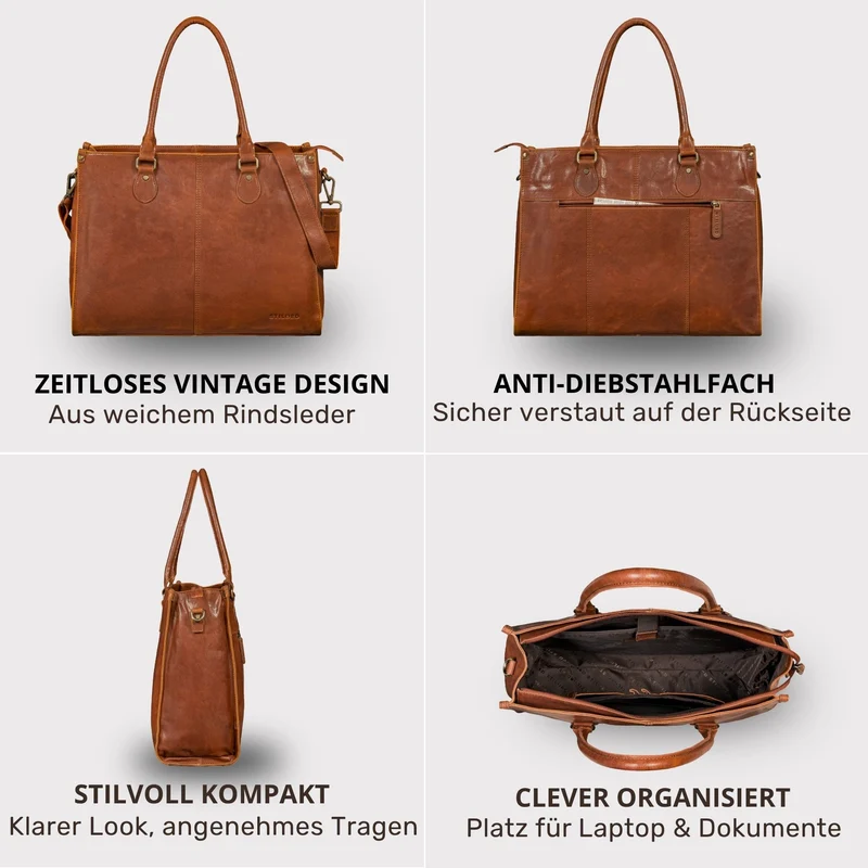 "Betina" Leder Shopper Tasche Damen Groß 15,6 - 16 Zoll Laptopfach