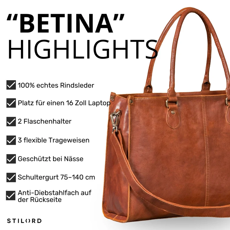 "Betina" Leder Shopper Tasche Damen Groß 15,6 - 16 Zoll Laptopfach