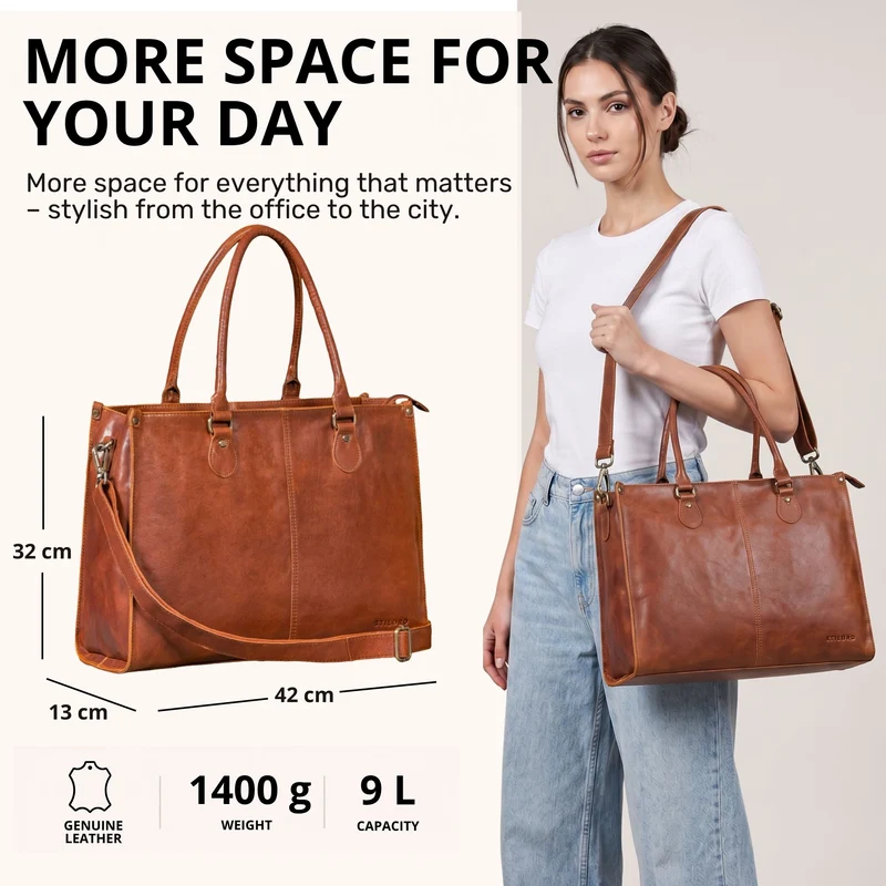 "Betina" Leder Shopper Tasche Damen Groß 15,6 - 16 Zoll Laptopfach