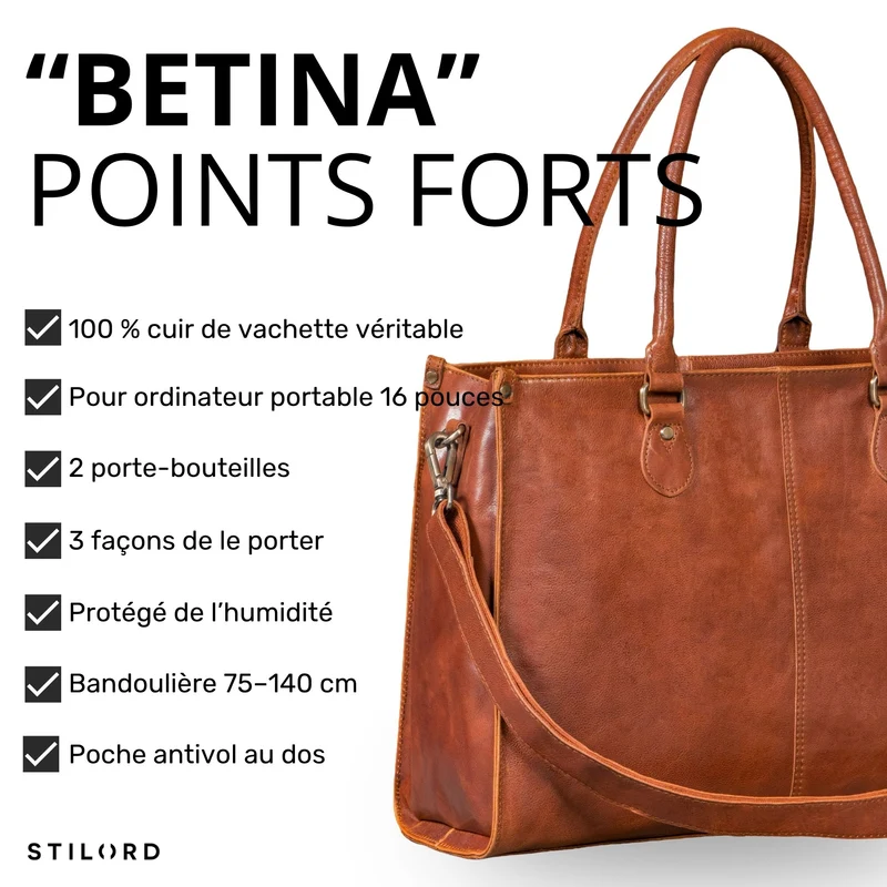 "Betina" Leder Shopper Tasche Damen Groß 15,6 - 16 Zoll Laptopfach