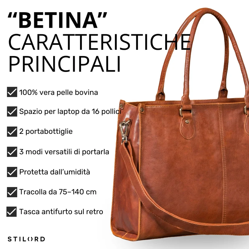 "Betina" Leder Shopper Tasche Damen Groß 15,6 - 16 Zoll Laptopfach