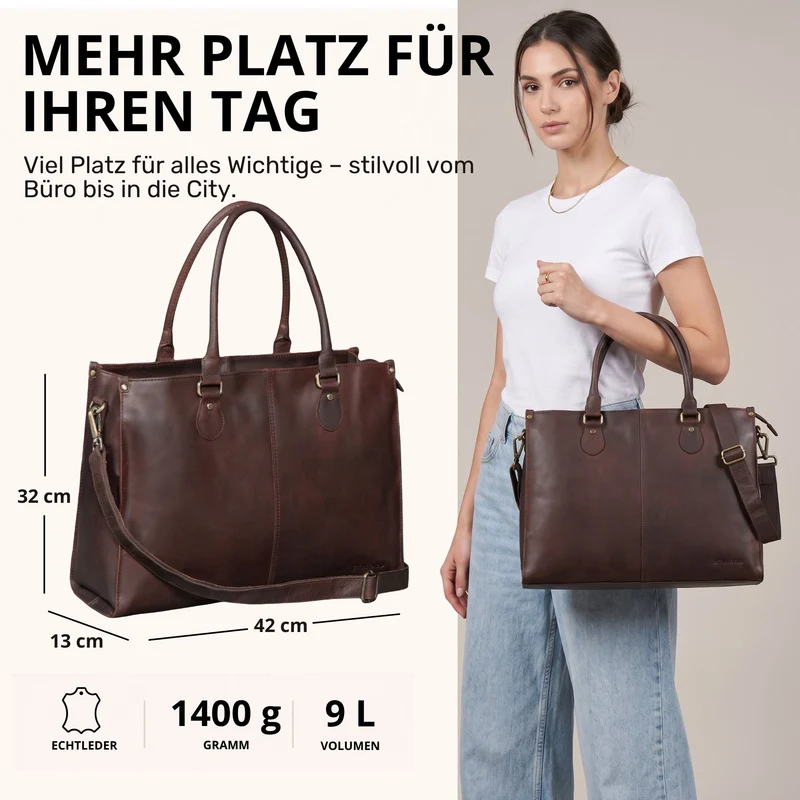 "Betina" Leder Shopper Tasche Damen Groß 15,6 - 16 Zoll Laptopfach